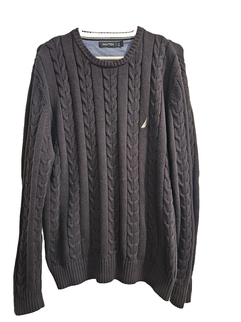 Nautica Navy Blue Men's Cable Knit Crew Neck Long Sleeve Pullover Sweater Size L